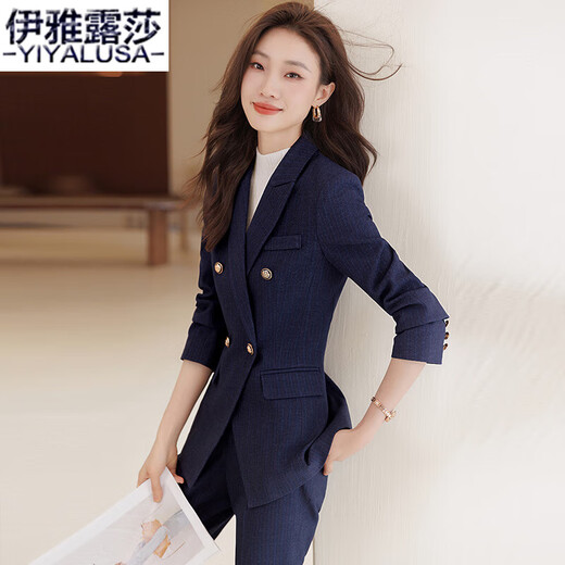 Iyalusa Striped Small Suit Women's Business Suit Spring and Autumn No-iron High-end Commuting Suit Business Formal Work Clothes 895-1 Single-piece Blue Striped Suit XL (110-120Jin Jin equals 0.5 kg)