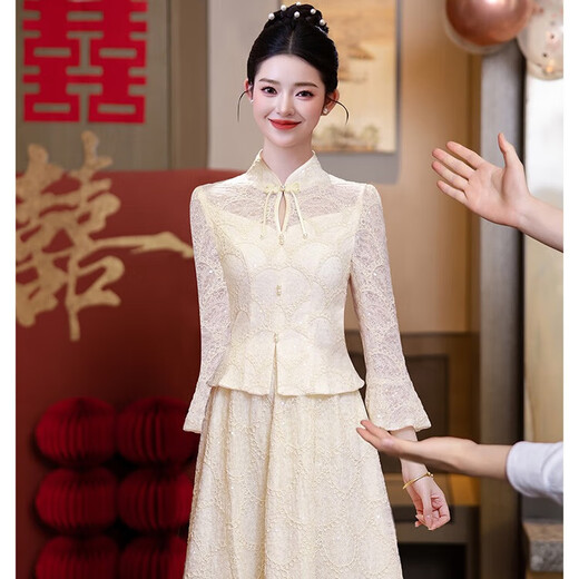 Libaixin new Chinese style light national style suit skirt women's high-end two-piece cheongsam engagement dress champagne color bridal toast dress champagne color M recommended 90-100Jin Jin equals 0.5 kg