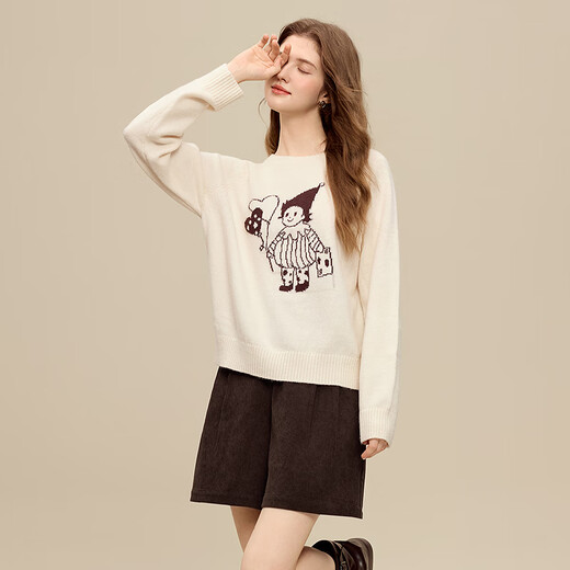 Betu Women's 2025 Winter New Sweater Fun Pattern Round Neck Simple Slim Top Women 2511T52 Light Apricot M