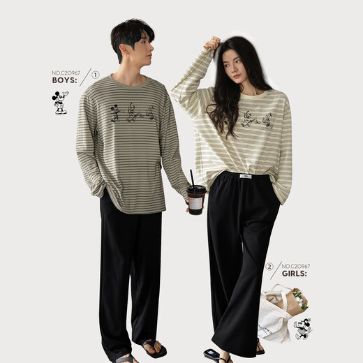 Beiyan couple pajamas for men and women new spring and autumn soft cotton long-sleeved large size suit cartoon striped home clothes can be worn outside C20967 Women's L