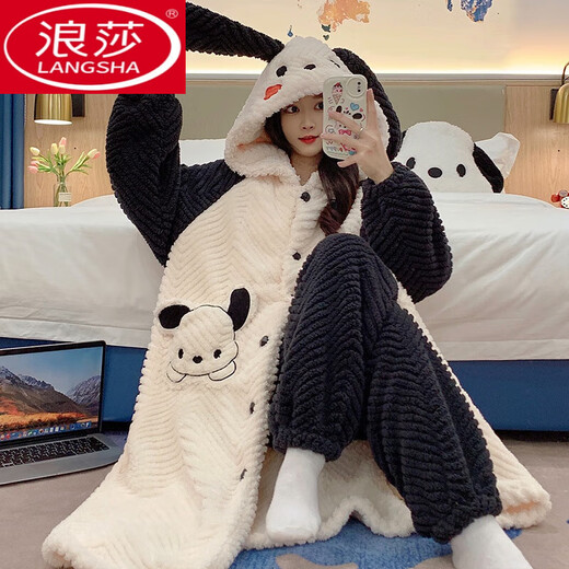 浪莎（LangSha）睡衣女秋冬珊瑚绒加厚加绒长款可爱小熊睡袍连帽法兰绒家居服套装 SSM-9196 M【80-100斤】