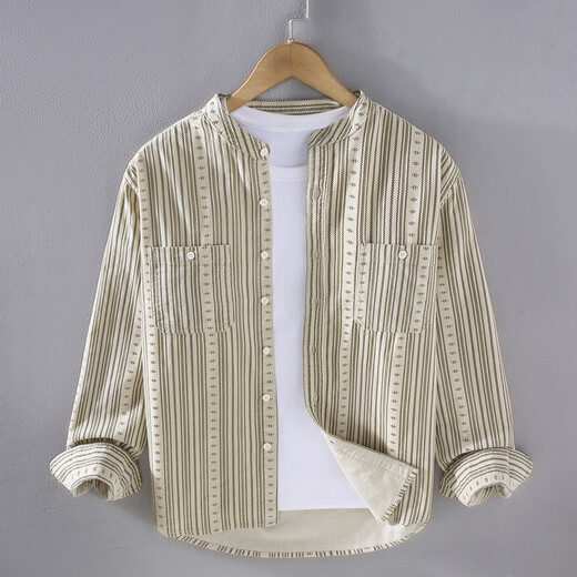 Capti Henry collar striped long-sleeved shirt men's spring and autumn trendy casual all-match shirt jacket men's inch shirt top Khaki M