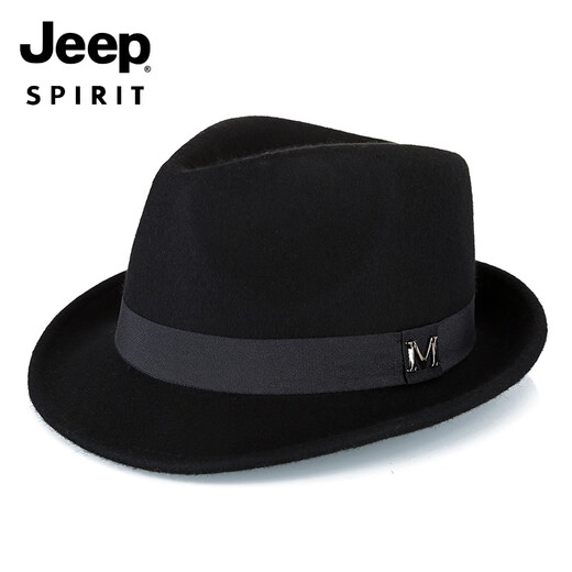 JEEP hat men's pure wool green middle-aged and elderly small top hat autumn and winter warm outdoor British jazz hat manufacturer direct approval black M (56-58cm)