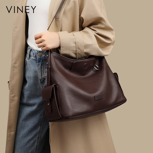 Viney cowhide tote bag women's bag large capacity crossbody bag shoulder birthday gift for girlfriend and wife brown high-end practical brand armpit bag fashionable light luxury versatile commuting casual bucket bag