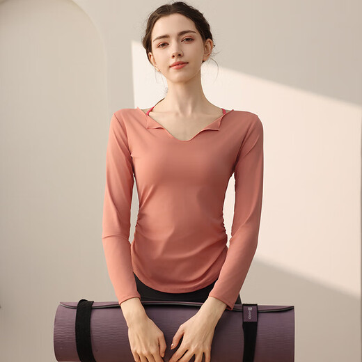 Yoga wear women's long-sleeved T-shirt temperament U-neck waist slimming sports long-sleeved Pilates training fitness top coral pink L