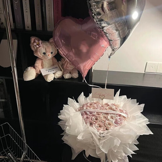 Everlasting flower rose bouquet doll hug bucket for girlfriend and best friend simulated soap flower birthday gift Yunshu Acacia 21 hug bucket + balloons