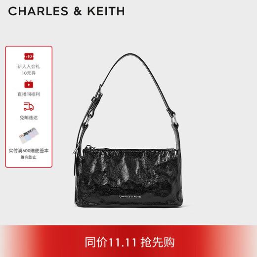 CHARLES&KEITH pleated wax leather cross-body small square bag handbag armpit bag women's birthday gift CK2-80160183 Noir black S