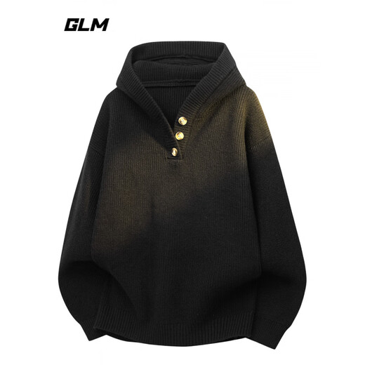 GLMGlm American Vintage Henley Collar Hooded Sweater Men's Autumn Loose Sweater Jacket Misty Black Gray L_120-140Jin Jin equals 0.5 kg