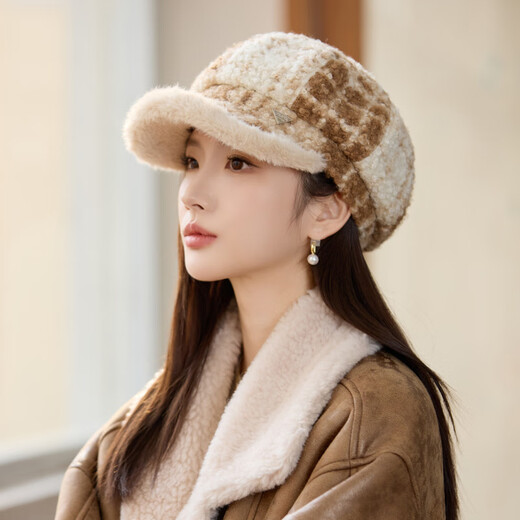 Jimmy Leaf lamb wool octagonal hat women's autumn and winter warm beret big head suitable for showing face small newsboy hat painter hat khaki color one size M (56-58cm)