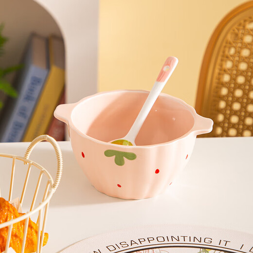 Girly Heart Strawberry Double-Eared Bowl and Spoon Thickened Soup Bowl Salad Bowl Rice Bowl Household Bowl High-Looking Underglaze Color Tableware Light Pink Strawberry Double-Eared Bowl (1 Bowl 1 Spoon) 2-piece Set