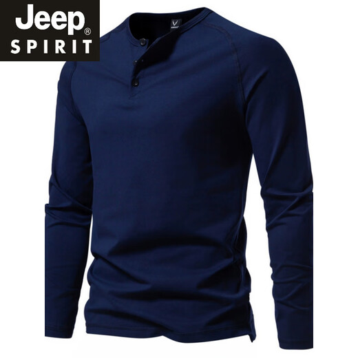 JEEP SPIRIT autumn men's pure cotton Henry collar long-sleeved T-shirt youth European and American simple elastic slim solid color versatile bottoming shirt dark gray XL