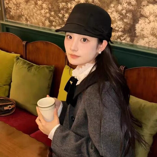 Pisces Rabbit Hat Gentleman Hat Woolen Equestrian Hat Japanese Autumn and Winter Retro Fashion Bow Peaked Hat British New Style (Large Side Bow) Helmet-shaped Top Hat - Black One Size 55-58cm