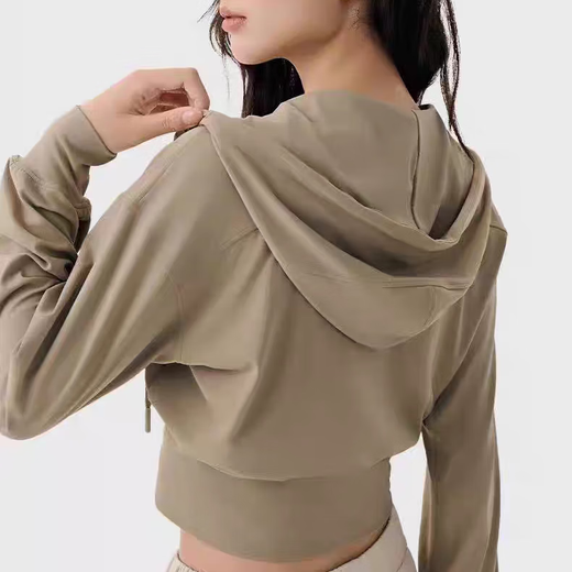 New hooded sports coat for women, loose and slim, outdoor leisure fitness long-sleeved Pilates training yoga top, cream yellow XL