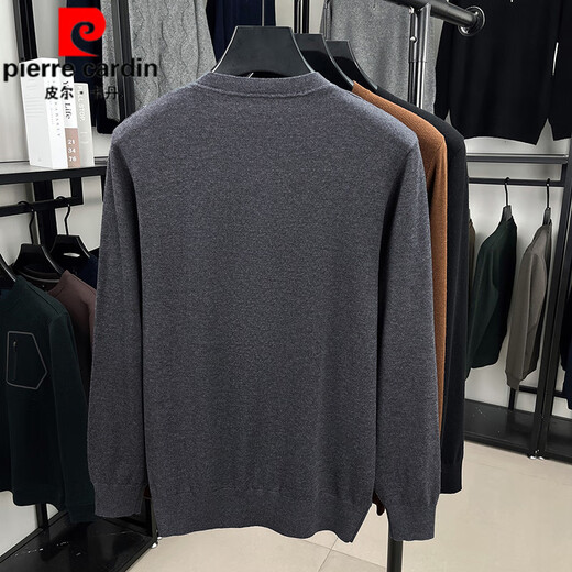 Pierre Cardin men's Henry round neck casual fashion sweater 2025 new spring and autumn sweater base layer versatile solid gray XL