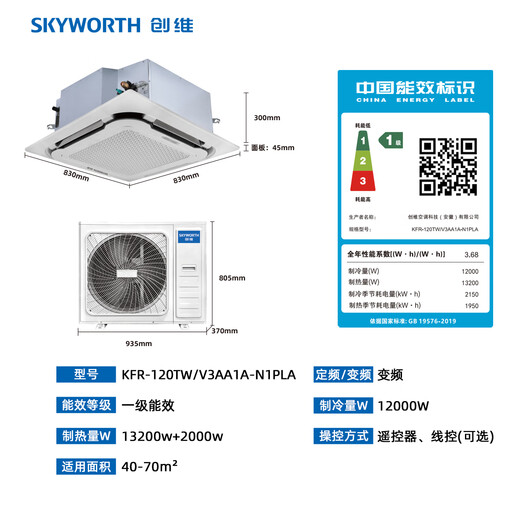 Skyworth 5-horsepower heating and cooling ceiling unit, one-level frequency conversion, ceiling air conditioner, ceiling unit, ceiling embedded commercial central air conditioner, KFR-120TW/V3AA1A-N1PLA national subsidy