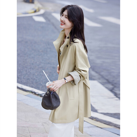Awakening Paradise Autumn Fashion Mid-Length British Korean Style Loose Temperament Coat Jacket Windbreaker Women Khaki S