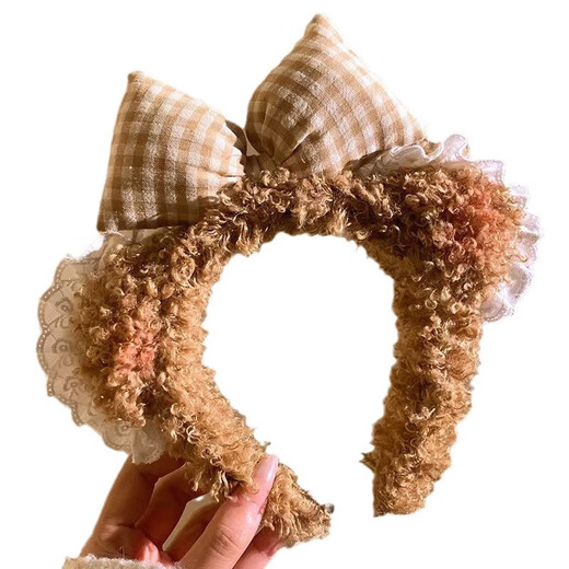 Cartoon Sweetheart Blush Bear Ears Bow Headband Lace Face Wash Women's Hairpin Cute Plush Headband Headdress Blush Bow-White Headband 1 Pack