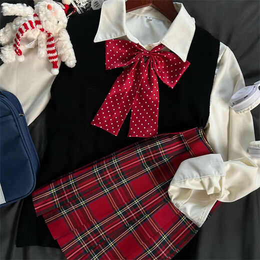 Orange tart Oda Town original jk suit uniform genuine plaid skirt sweater vest shirt suit college style women's autumn and winter layering Rihai++ short-sleeved shirt + pink polka dot long handle 2XL