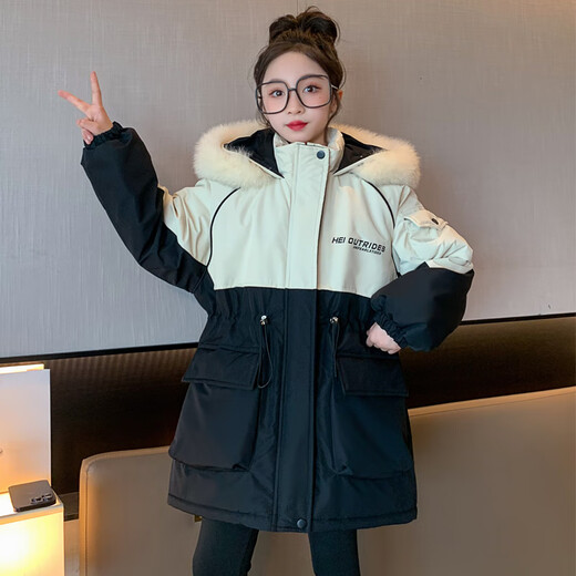 细仔码头儿童装女童派克服外套中大童毛领时尚加绒加厚中长款大衣棉服韩版 卡其色 毛领可拆卸 160