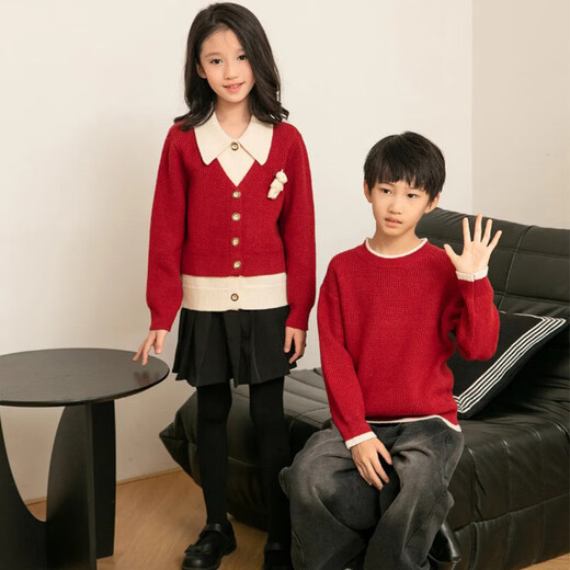 Little Bear Elf (xiaoxiongjingling) parent-child red sweater autumn and winter new style 2026 New Year's family of three, high-end mother and daughter family outfit of four, men's round neck top/women's cardigan jacket 175 mother's XL size (recommended weight 135-150Jin Jin equals 0.5 kg)
