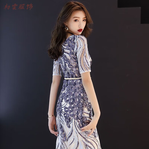 Meianjia evening dress women's new banquet noble and elegant long fishtail temperament celebrity sexy host slim golden L