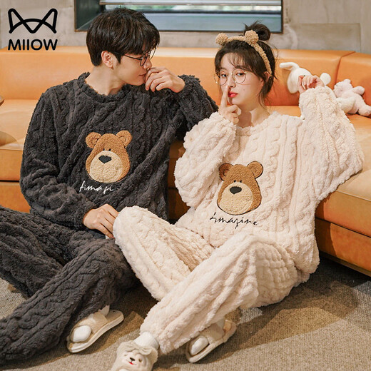 MiiOW coral velvet couple pajamas for women winter thickened velvet warm flannel large size can be worn outside home clothes suit men HMF7786 M women