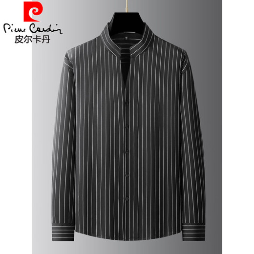 Pierre Cardin 2025 Spring and Autumn New Stand Collar Vertical Striped Shirt Men's Long Sleeve Business Casual Plus Size Henry Collar Shirt Black L