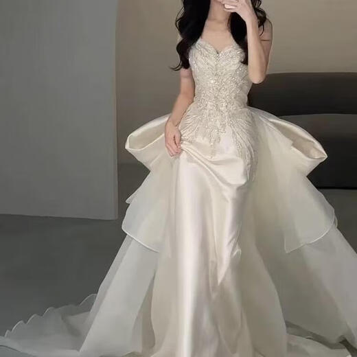 ANJY French Satin Light Wedding Dress 2025 New Heavy Industry Engagement Dress Tube Top Going Out Fishtail Bridal Toast Wear 125 White L