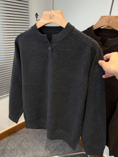 Xiaohongshu's hot style American Henry collar sweater men's thin autumn and winter youth solid color versatile sweater men's set carbon gray M M