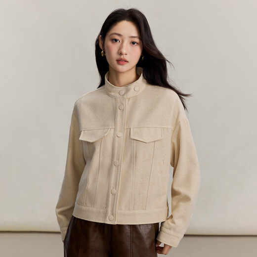INMAN Retro Barn Style Stand Collar Short Jacket Women's 2025 Autumn Loose Fashionable Versatile Work Jacket Top Warm Apricot S