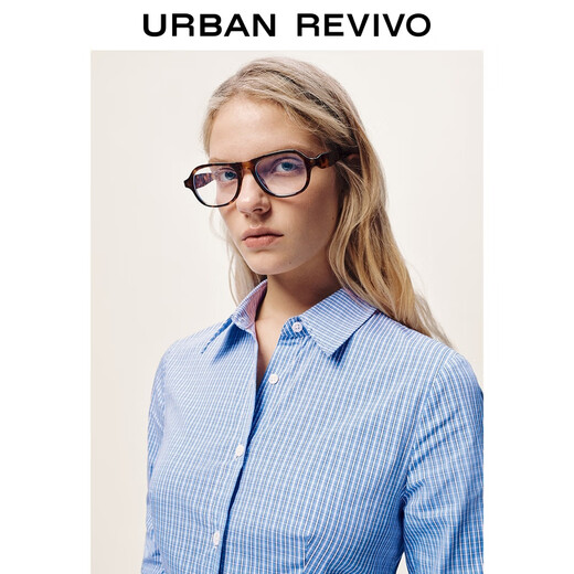 UR2025 neue winter frauen casual kontrast karierten revers plissierten strickjacke hemd UYL250159 blau kariert XL