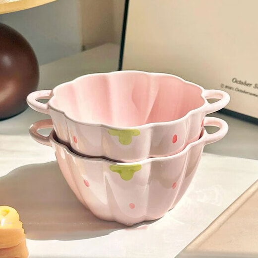 Girly Heart Strawberry Double-Eared Bowl Spoon Soup Bowl Salad Bowl Rice Bowl Household Bowl High-Looking Young People Underglaze Colored Tableware Strawberry Double-Eared Bowl (1 Bowl 1 Spoon)