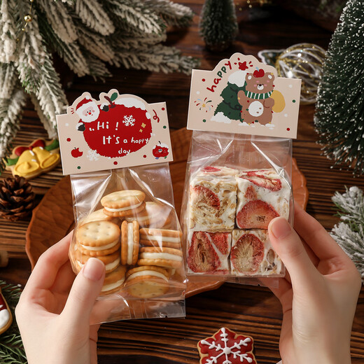 Bad Fox Christmas Cookie Packaging Bag Card Transparent Cookie Snowflake Crispy Glutinous Rice Boat Candy Snack Packing Bag 100 Sets Apple Bear + Flat Pocket