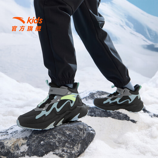 ANTA children's cotton shoes for men and women, big children, autumn and winter new leather waterproof, anti-slip, velvet and Velcro outdoor high-top snow boots. Recommended by the store manager. Black/thin blue/cold gray-2 37. Shoe inner length 23.5cm