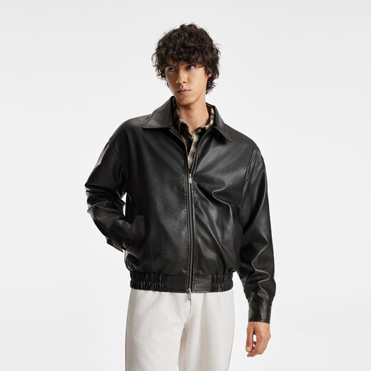 BODYDREAM Back Filled Embroidered Leather Jacket Men's Rubber Colored Distressed PU Leather Jacket Casual Loose Leather Jacket Black S 120Jin Jin equals within 0.5kg