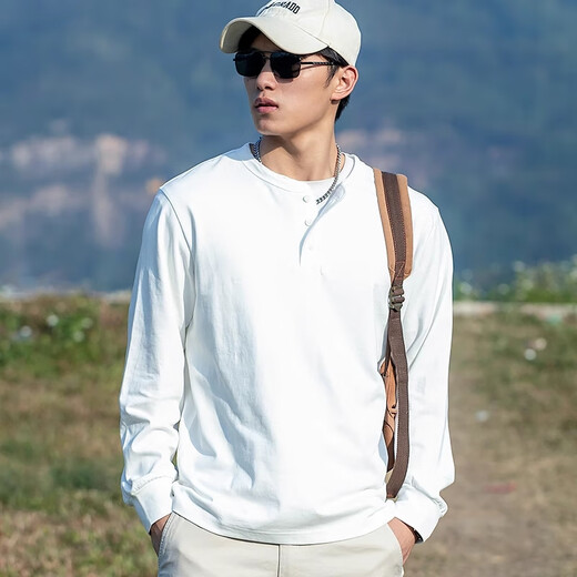 Haixing 300g heavy barrel weaving American cotton long-sleeved Henry collar polo shirt men's autumn and winter casual button-down shirt white M (reference 125-140Jin Jin is equal to 0.5 kg)