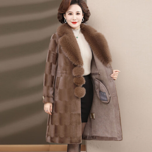 Nuo Wei middle-aged and elderly women's foreign style imitation mink velvet coat large size foreign style mother's winter fur all-in-one thickened warm coat camel XL recommended 90-115Jin Jin equals 0.5kg (selected quality)