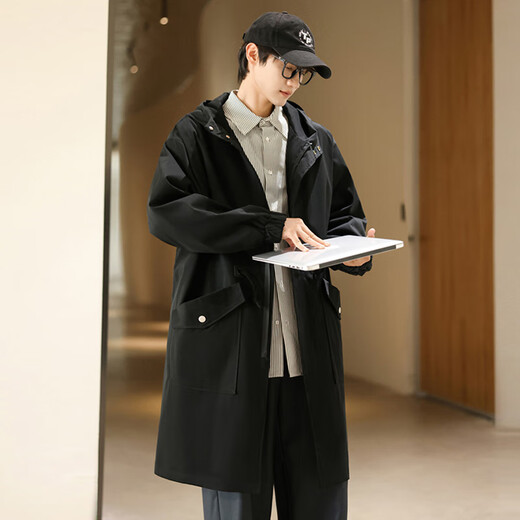 JEEP SPIRIT Jeep windbreaker jacket men's mid-length autumn and winter hooded parka coat knee-high black 3XL