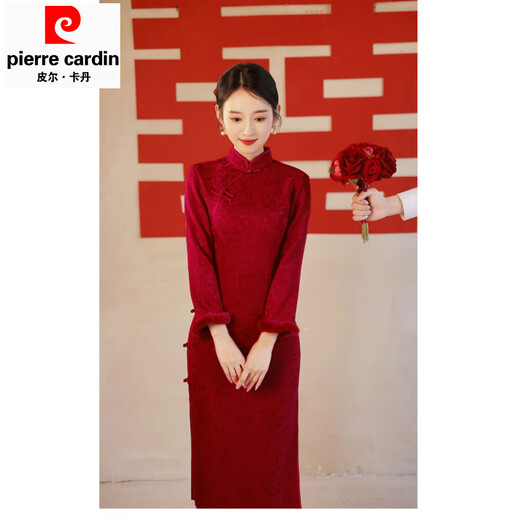 Pierre Cardin red dress skirt winter plus velvet autumn and winter cheongsam bride wedding casual toast dress winter 2025 new engagement burgundy main picture plus velvet XL