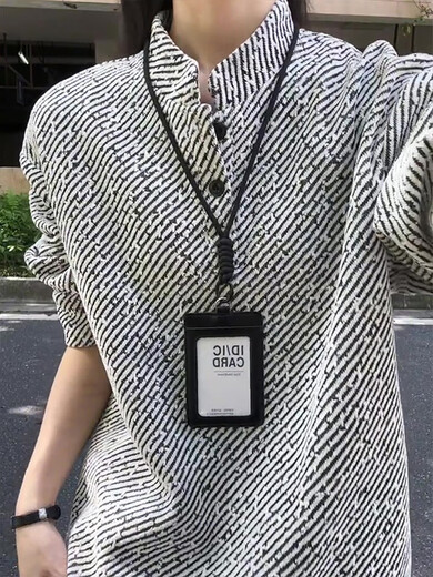 Black and white striped long-sleeved POLO shirt for men in autumn, heavyweight lazy high-end Henry collar sweatshirt with base layer white, upgraded style M