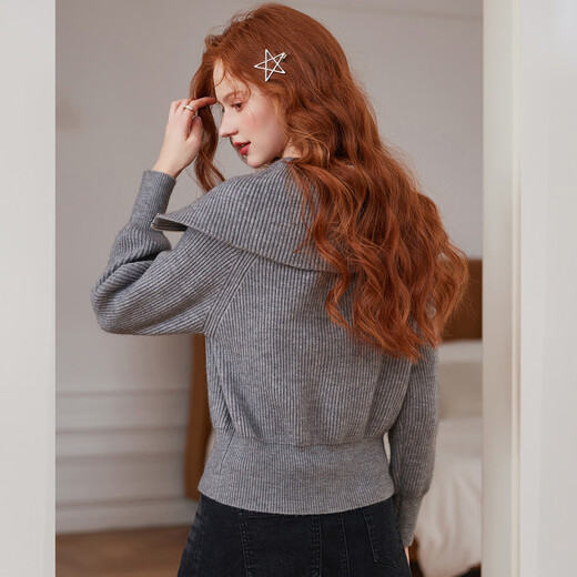 Bailuyu large lapel beaded webbing knitted cardigan 25 autumn and winter new fashion double zipper sweater for women gray L