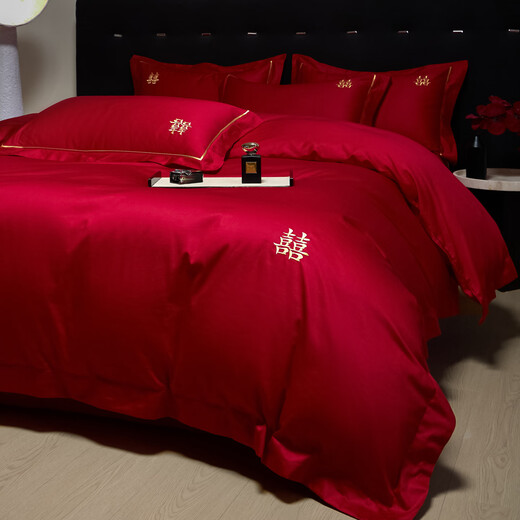 Mercury series home textiles high-end bright red wedding four-piece set wedding quilt cover pure cotton pure cotton sheets and fitted sheets bedding, the only 1.8 fitted sheet four-piece set quilt set 200*230