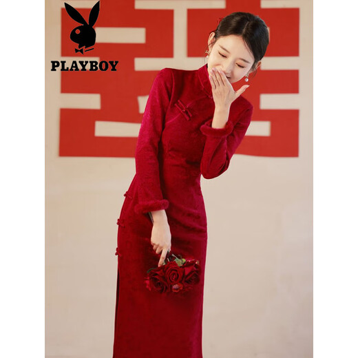 Playboy (PLAYBOY) Cheongsam Toast Wedding Bridal Wedding Burgundy Long Sleeve Chinese Young Style Engagement Dress Women Thickened Velvet Winter Burgundy Velvet Thickened Official Flagship Edition 2XL