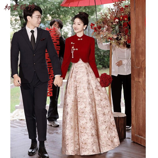 Meianjia new Chinese toasting dress bride's new red wedding engagement dress skirt women's winter long-sleeved winter wine red M