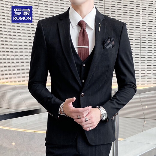 ROMON suit men's three-piece high-end tailoring business slim professional formal wedding dress jacket black 4XL