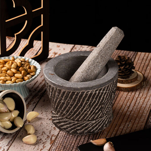 Fantasy natural stone hand-carved bluestone mortar, garlic mortar, medicine jar, household garlic paste, grinding, peeling and pressing garlic, hand-carved extra large with wooden hammer