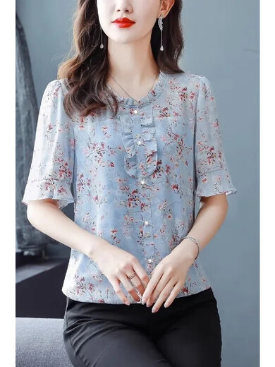 New summer short-sleeved floral chiffon shirt for women, loose belly-covering top, fashionable mother's age-reducing shirt, pink 3XL, recommended 135-145 Jin Jin equals 0.5 kg