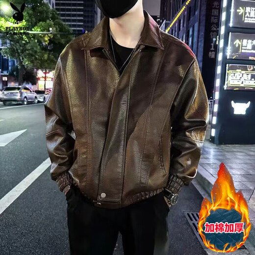 Playboy (PLAYBOY) Trendy Motorcycle Suit Leather Jacket Men's Jacket 2025 Autumn and Winter Short Lapel Casual Handsome Men's Leather Jacket Black Cotton D313-J92 Thickened L