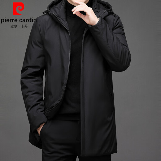 Pierre Cardin mid-length cotton coat men's winter hooded casual thickened warm cotton coat young and middle-aged men's winter cotton-padded jacket trendy black 2XL 185