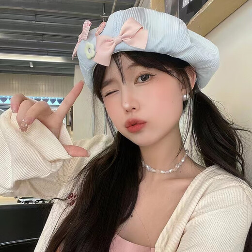 Hetong Fashionable Versatile Beret Women's Cute Personalized Bow Painter Hat Retro Showing Face Street Photo Concave Shape Hat Pink One Size